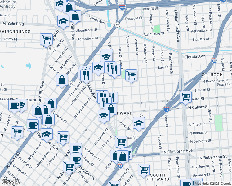 map of restaurants, bars, coffee shops, grocery stores, and more near in New Orleans