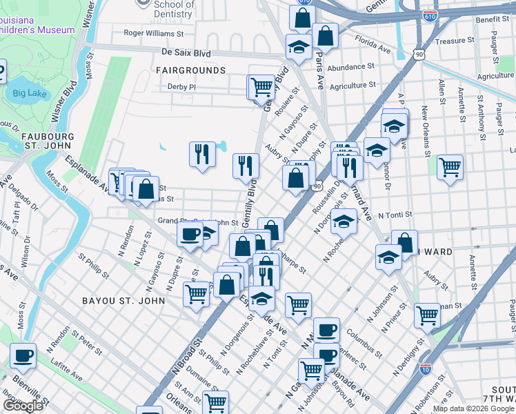 map of restaurants, bars, coffee shops, grocery stores, and more near 2721 Lapeyrouse Street in New Orleans