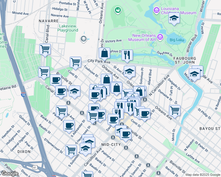 map of restaurants, bars, coffee shops, grocery stores, and more near 528 North Alexander Street in New Orleans
