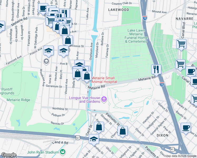 map of restaurants, bars, coffee shops, grocery stores, and more near 115 Bellaire Drive in New Orleans