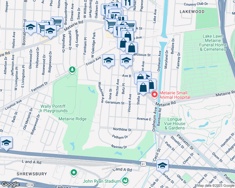 map of restaurants, bars, coffee shops, grocery stores, and more near 419 Hector Avenue in Metairie