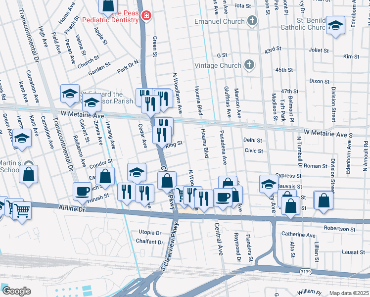 map of restaurants, bars, coffee shops, grocery stores, and more near 705 North Woodlawn Avenue in Metairie