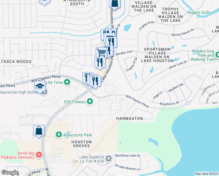 map of restaurants, bars, coffee shops, grocery stores, and more near 13757 Will Clayton Parkway in Atascocita