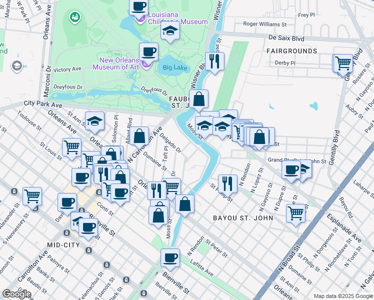 map of restaurants, bars, coffee shops, grocery stores, and more near 1018 Wilson Drive in New Orleans