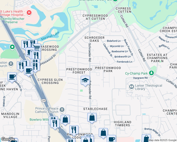 map of restaurants, bars, coffee shops, grocery stores, and more near 8103 Renmark Lane in Houston