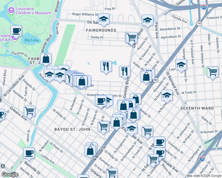map of restaurants, bars, coffee shops, grocery stores, and more near 2871 Ponce De Leon Street in New Orleans