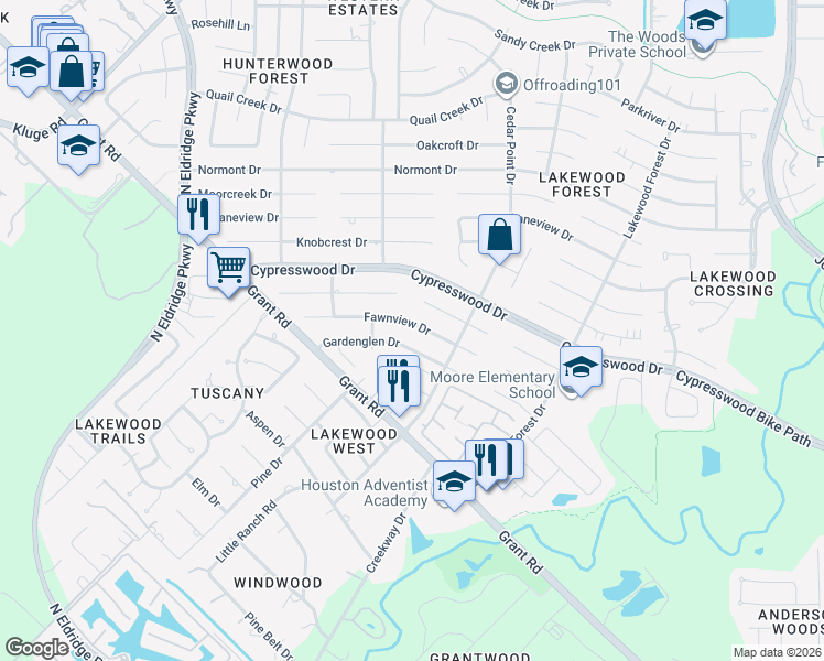 map of restaurants, bars, coffee shops, grocery stores, and more near 11927 Fawnview Drive in Houston