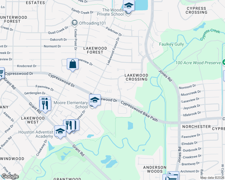 map of restaurants, bars, coffee shops, grocery stores, and more near 11606 Idlebrook Drive in Houston