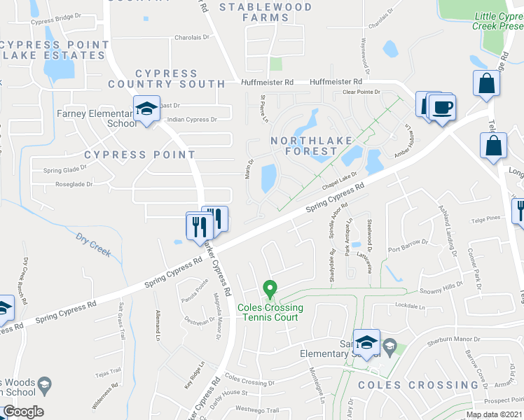 map of restaurants, bars, coffee shops, grocery stores, and more near 15910 Mill Canyon Court in Cypress