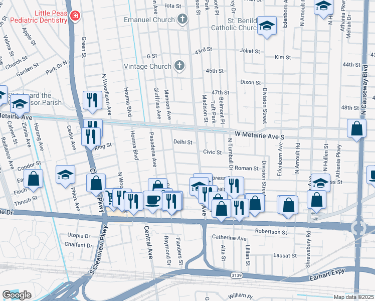 map of restaurants, bars, coffee shops, grocery stores, and more near 3915 Civic Street in Metairie