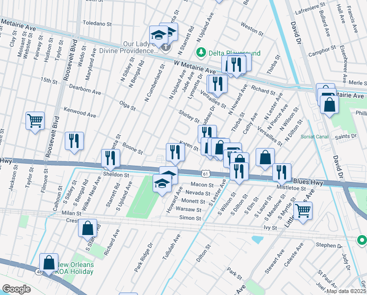 map of restaurants, bars, coffee shops, grocery stores, and more near 8106 Buras Avenue in Metairie