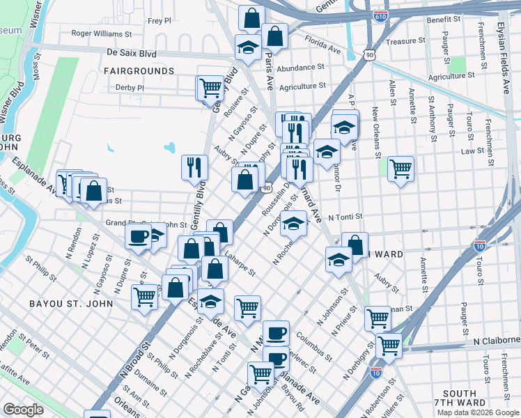 map of restaurants, bars, coffee shops, grocery stores, and more near 2540 D'Abadie Street in New Orleans