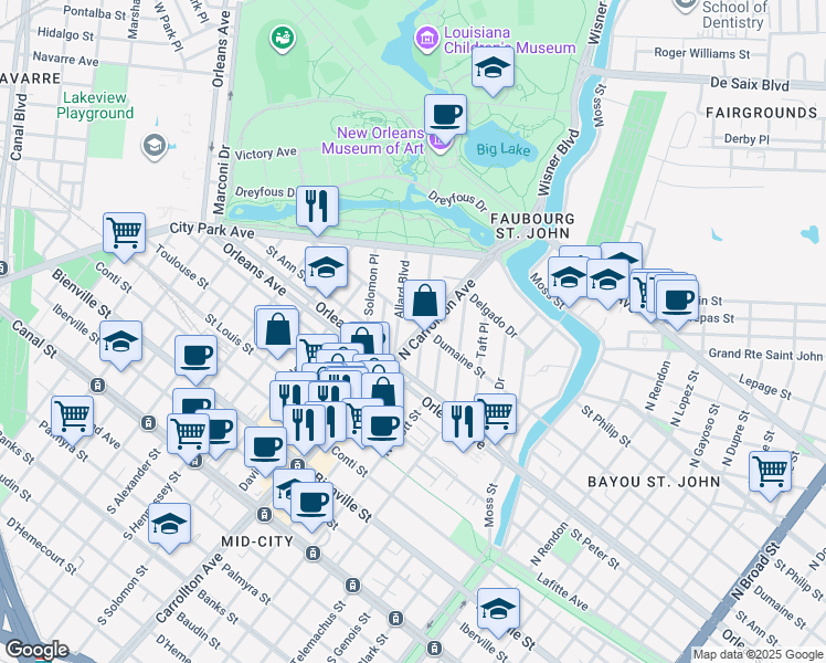map of restaurants, bars, coffee shops, grocery stores, and more near 835 North Carrollton Avenue in New Orleans