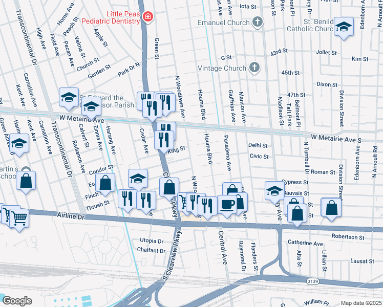 map of restaurants, bars, coffee shops, grocery stores, and more near 705 North Woodlawn Avenue in Metairie