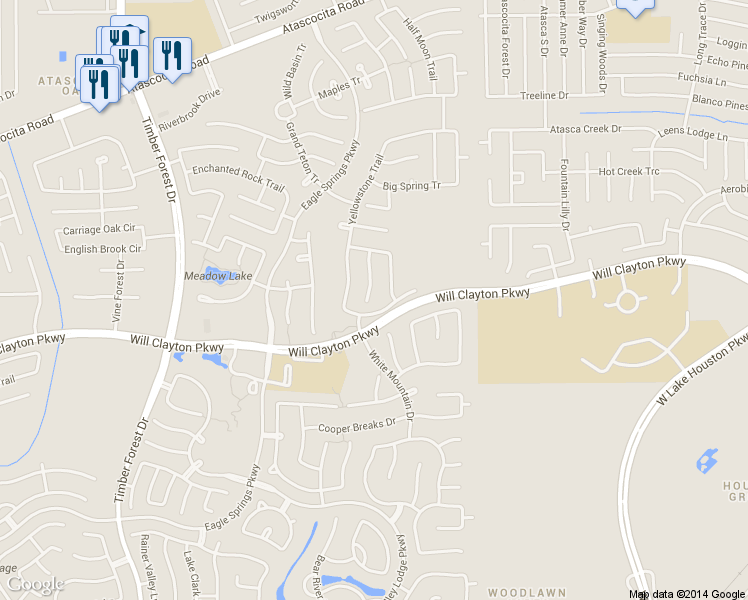 map of restaurants, bars, coffee shops, grocery stores, and more near 18006 Cabin Green Court in Humble