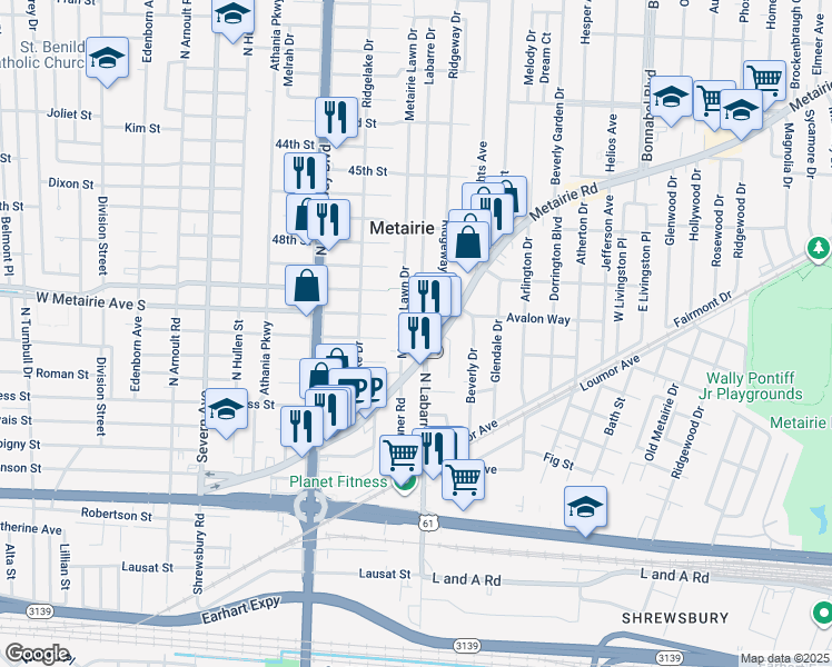 map of restaurants, bars, coffee shops, grocery stores, and more near 120 Labarre Drive in Metairie
