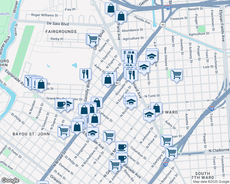 map of restaurants, bars, coffee shops, grocery stores, and more near 2540 D'Abadie Street in New Orleans