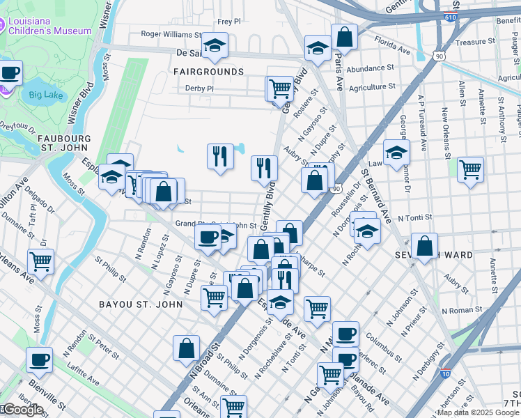 map of restaurants, bars, coffee shops, grocery stores, and more near 1611 Gentilly Boulevard in New Orleans