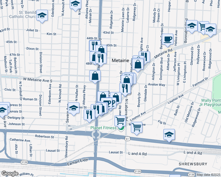 map of restaurants, bars, coffee shops, grocery stores, and more near 501 Ridgelake Drive in Metairie