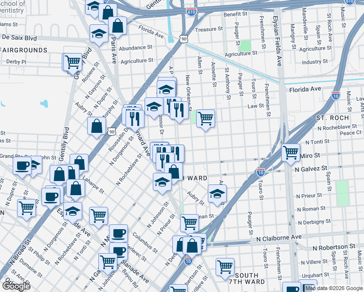 map of restaurants, bars, coffee shops, grocery stores, and more near in New Orleans