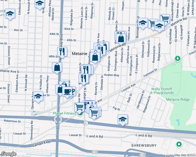 map of restaurants, bars, coffee shops, grocery stores, and more near 113 Beverly Drive in Metairie