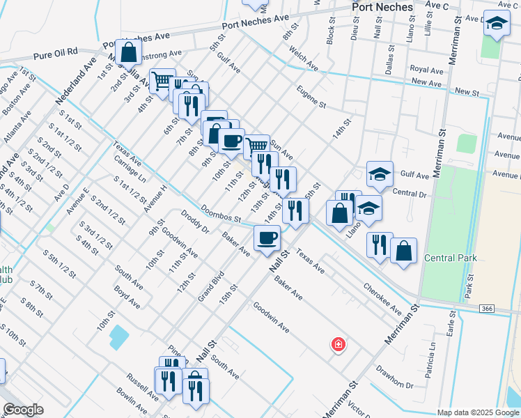 map of restaurants, bars, coffee shops, grocery stores, and more near 2237 13th Street in Port Neches