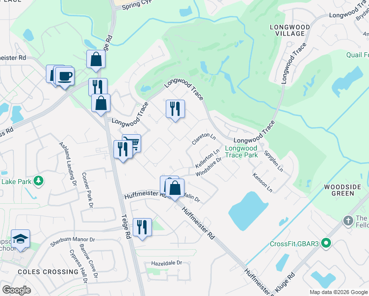 map of restaurants, bars, coffee shops, grocery stores, and more near 13722 Clareton Lane in Cypress