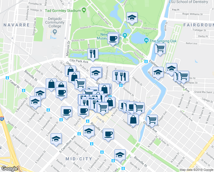 map of restaurants, bars, coffee shops, grocery stores, and more near 804 Solomon Place in New Orleans