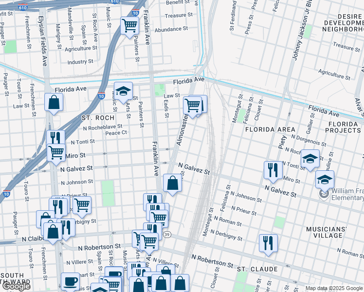 map of restaurants, bars, coffee shops, grocery stores, and more near 2213 Almonaster Avenue in New Orleans