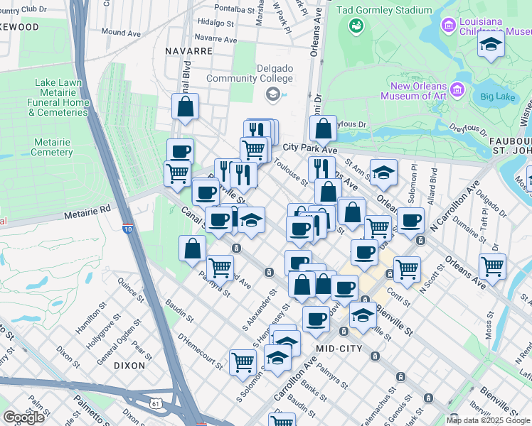 map of restaurants, bars, coffee shops, grocery stores, and more near 300 North Saint Patrick Street in New Orleans