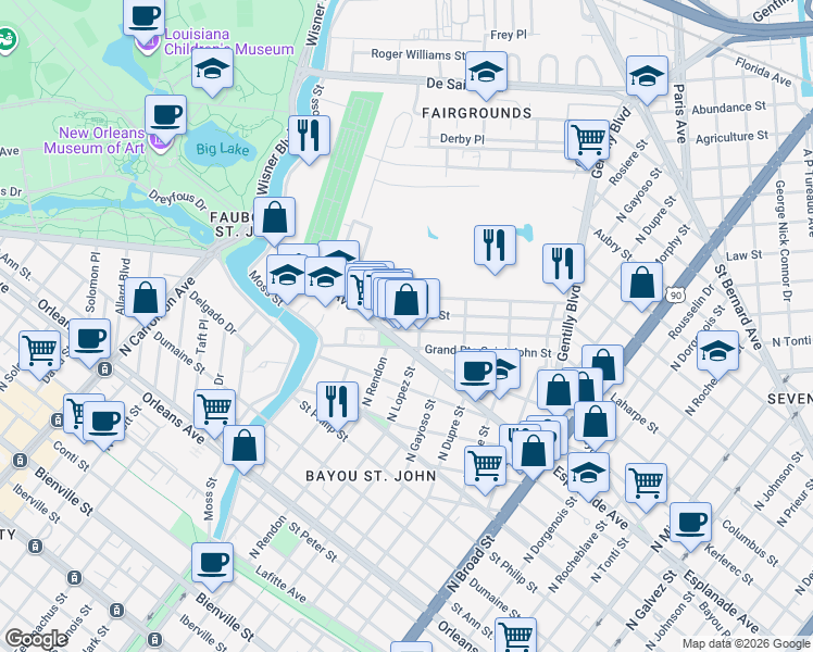map of restaurants, bars, coffee shops, grocery stores, and more near in New Orleans