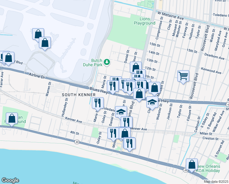 map of restaurants, bars, coffee shops, grocery stores, and more near 1818 U.S. 61 in Kenner