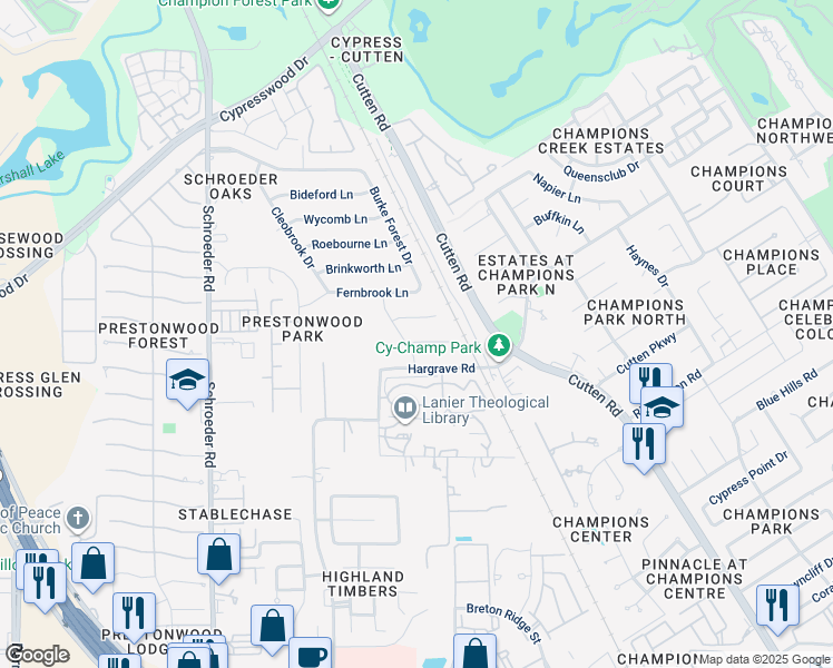 map of restaurants, bars, coffee shops, grocery stores, and more near 7510 Bairnsdale Lane in Houston