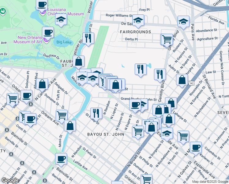 map of restaurants, bars, coffee shops, grocery stores, and more near 3127 Ponce De Leon Street in New Orleans