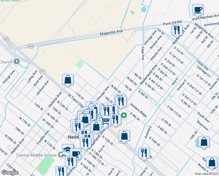 map of restaurants, bars, coffee shops, grocery stores, and more near 811 Chicago Avenue in Nederland