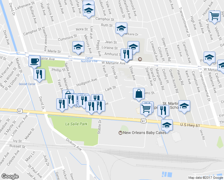 map of restaurants, bars, coffee shops, grocery stores, and more near 515 Faun Street in Metairie