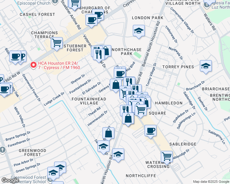 map of restaurants, bars, coffee shops, grocery stores, and more near 13331 Veterans Memorial Drive in Houston