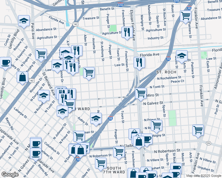 map of restaurants, bars, coffee shops, grocery stores, and more near 2075 North Tonti Street in New Orleans