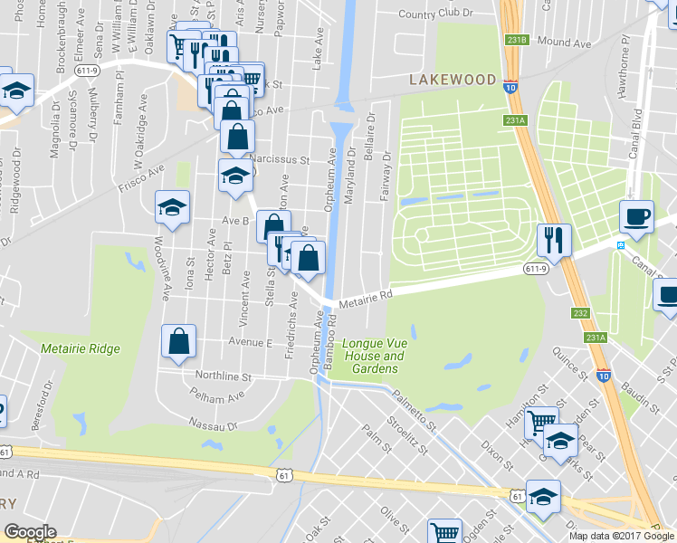 map of restaurants, bars, coffee shops, grocery stores, and more near 12 Maryland Drive in New Orleans