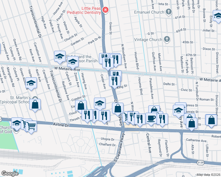 map of restaurants, bars, coffee shops, grocery stores, and more near 710 Clearview Parkway in Metairie