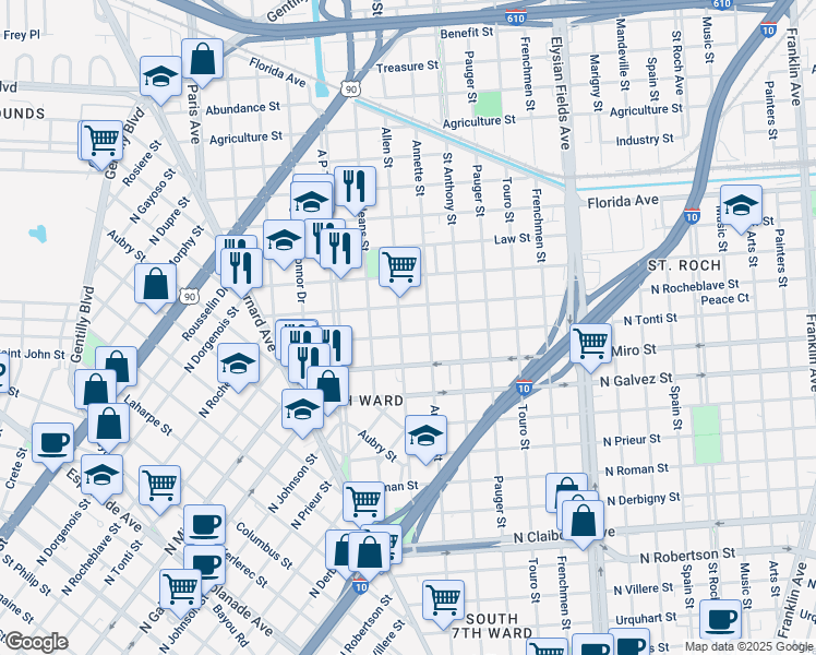 map of restaurants, bars, coffee shops, grocery stores, and more near 1949 North Tonti Street in New Orleans