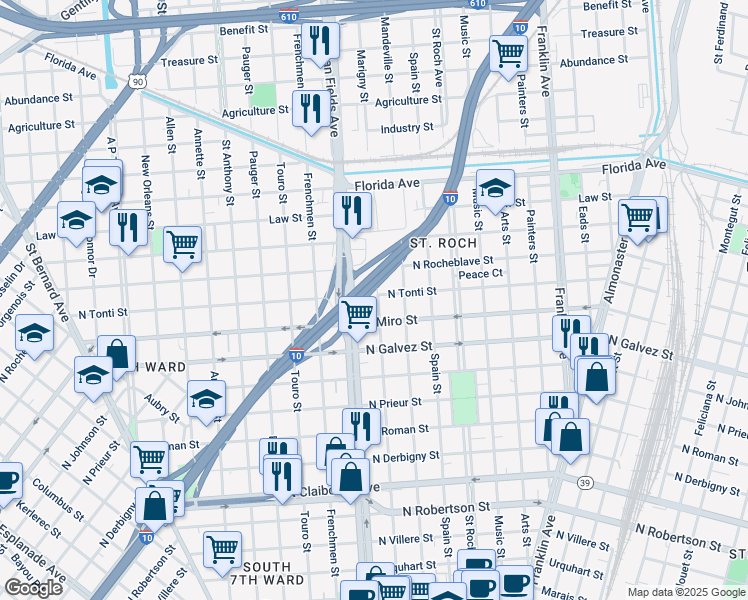 map of restaurants, bars, coffee shops, grocery stores, and more near 2236 Marigny Street in New Orleans