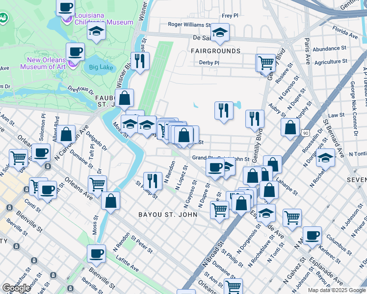 map of restaurants, bars, coffee shops, grocery stores, and more near 3127 Ponce De Leon Street in New Orleans