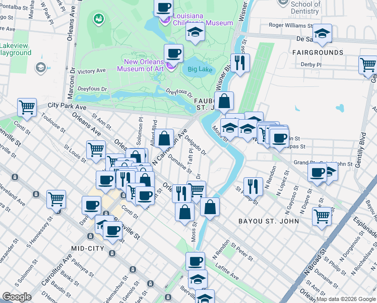 map of restaurants, bars, coffee shops, grocery stores, and more near 960 Taft Place in New Orleans