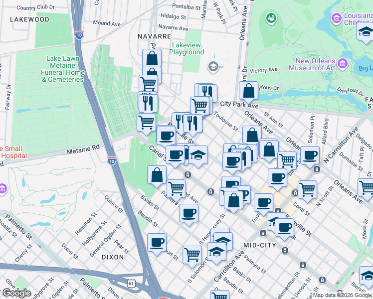 map of restaurants, bars, coffee shops, grocery stores, and more near 218 North Bernadotte Street in New Orleans