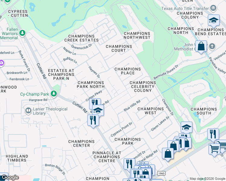 map of restaurants, bars, coffee shops, grocery stores, and more near 6700 Richardson Road in Houston