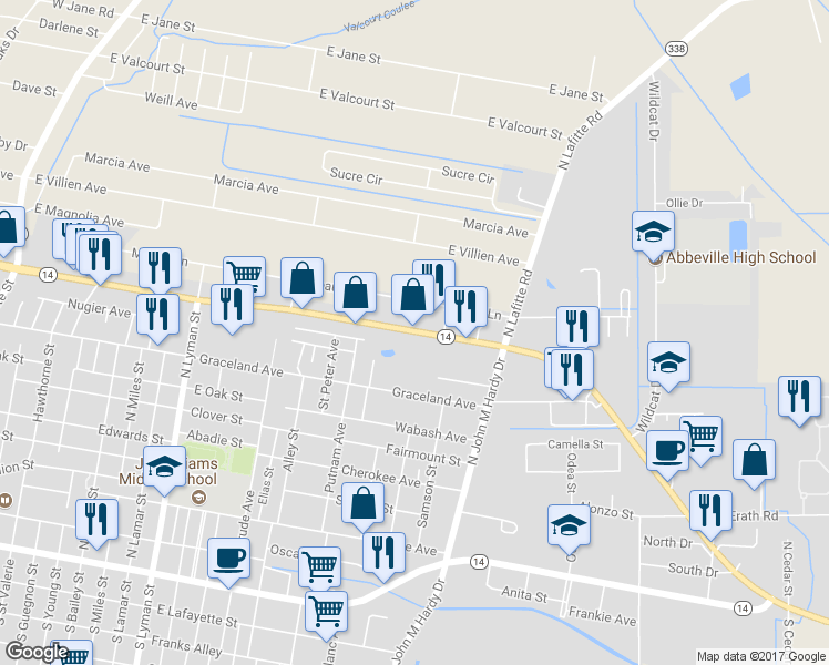 map of restaurants, bars, coffee shops, grocery stores, and more near 1902 Veterans Memorial Drive in Abbeville