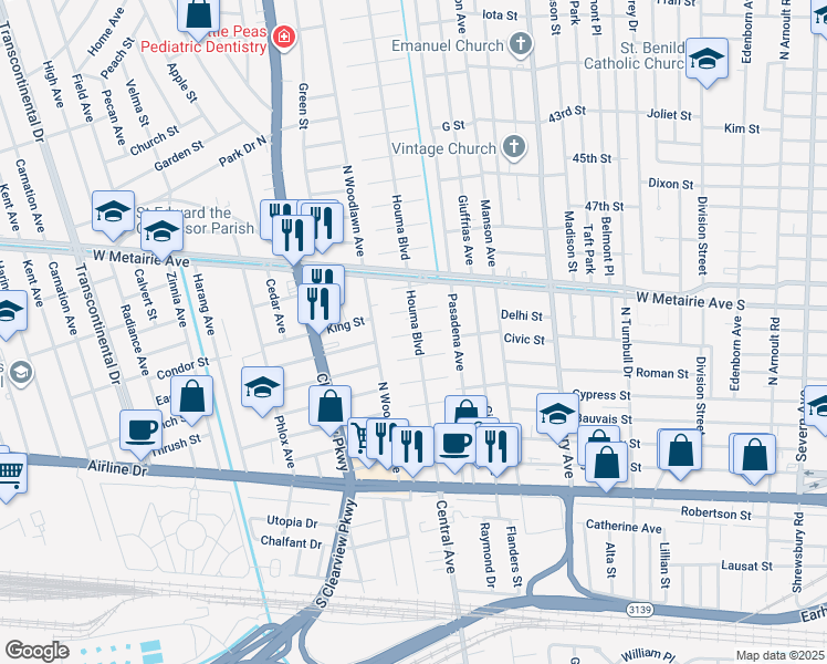 map of restaurants, bars, coffee shops, grocery stores, and more near 70 Houma Boulevard in Metairie
