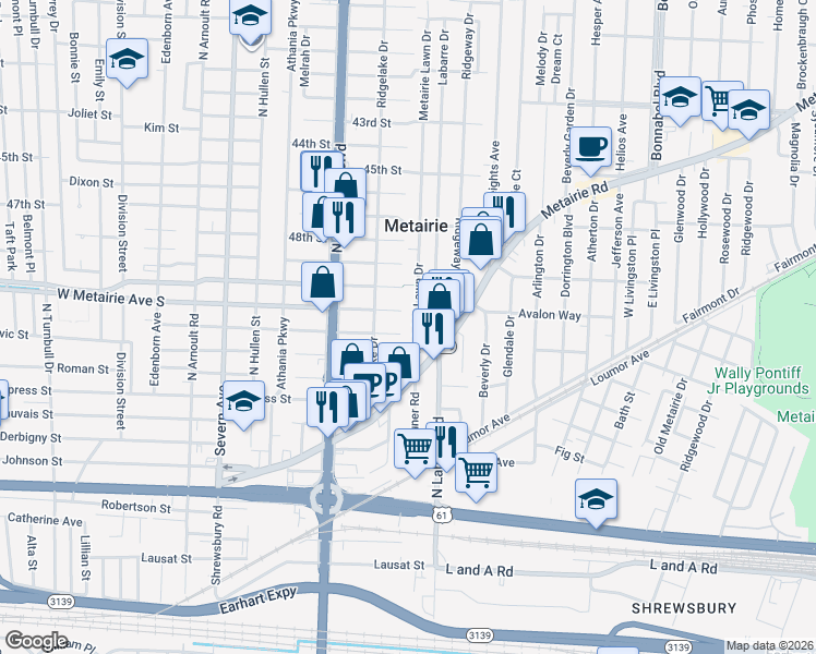 map of restaurants, bars, coffee shops, grocery stores, and more near 136 Metairie Lawn Drive in Metairie