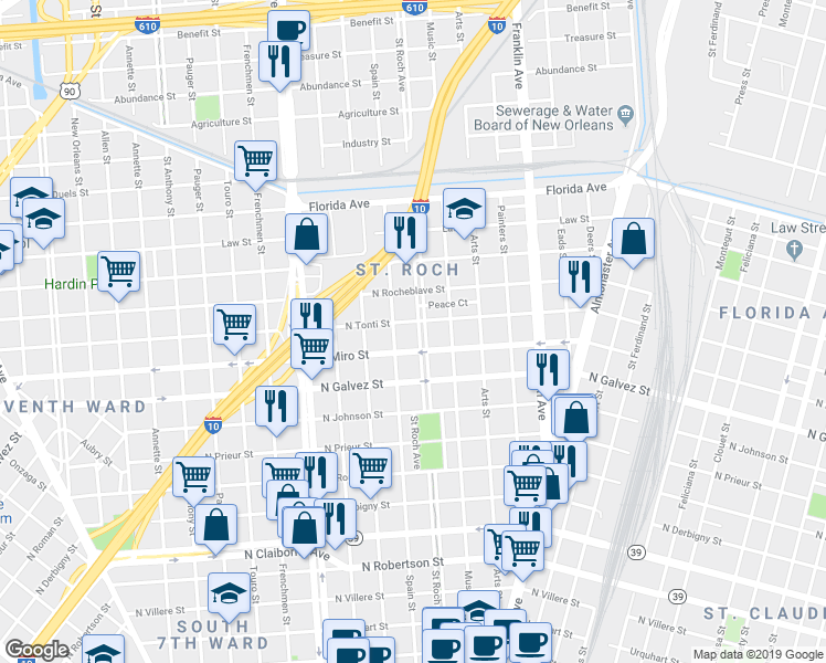 map of restaurants, bars, coffee shops, grocery stores, and more near 2227 Spain Street in New Orleans